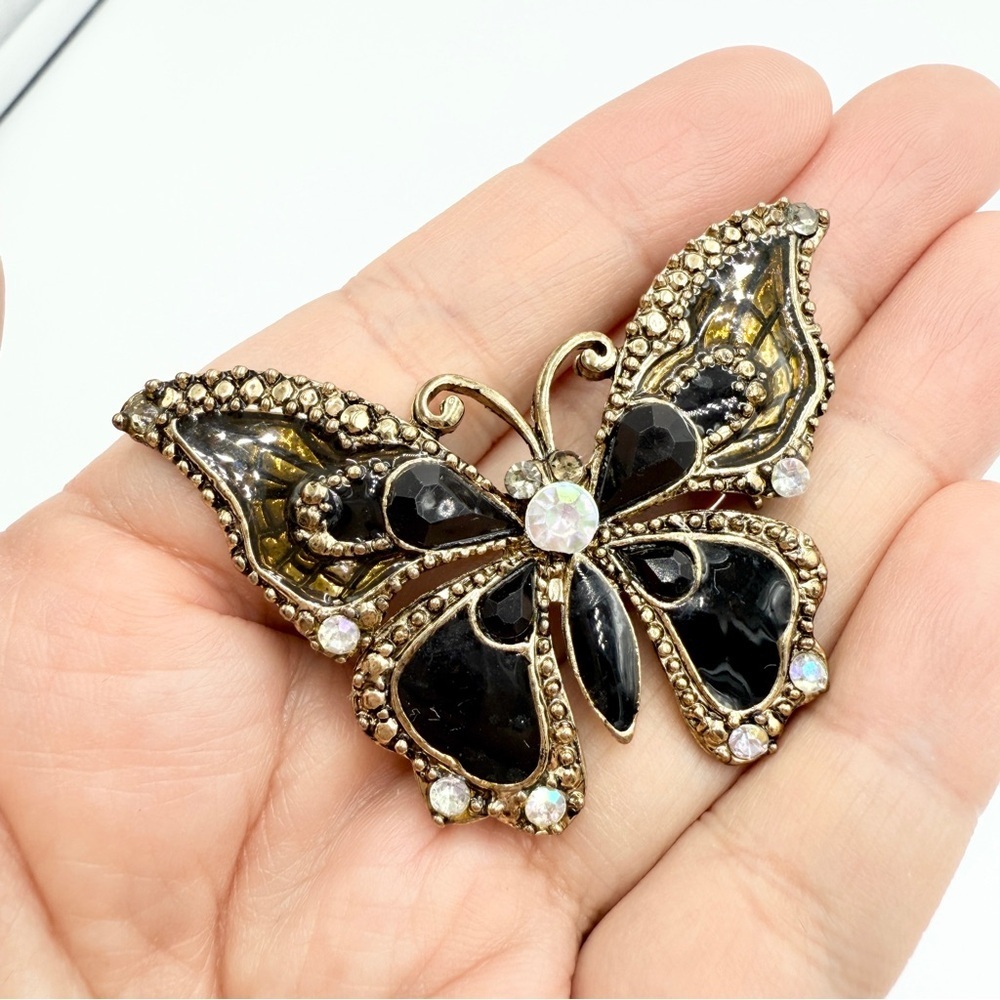 Statement Butterfly Brooch with Black Enamel and Sparkling Rhinestones